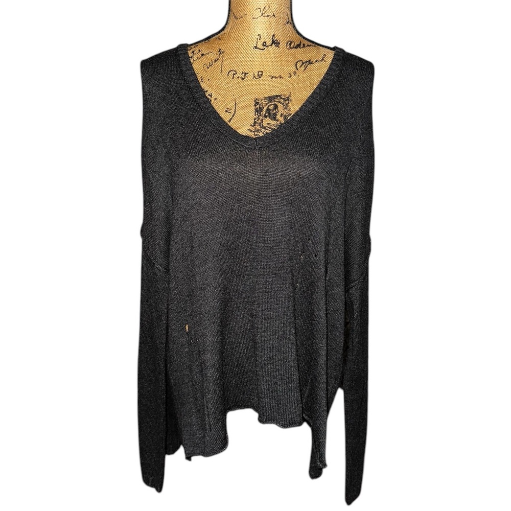 American Eagle Outfitters Dark Grey Distressed V-Neck Long Sleeve Knit Sweater